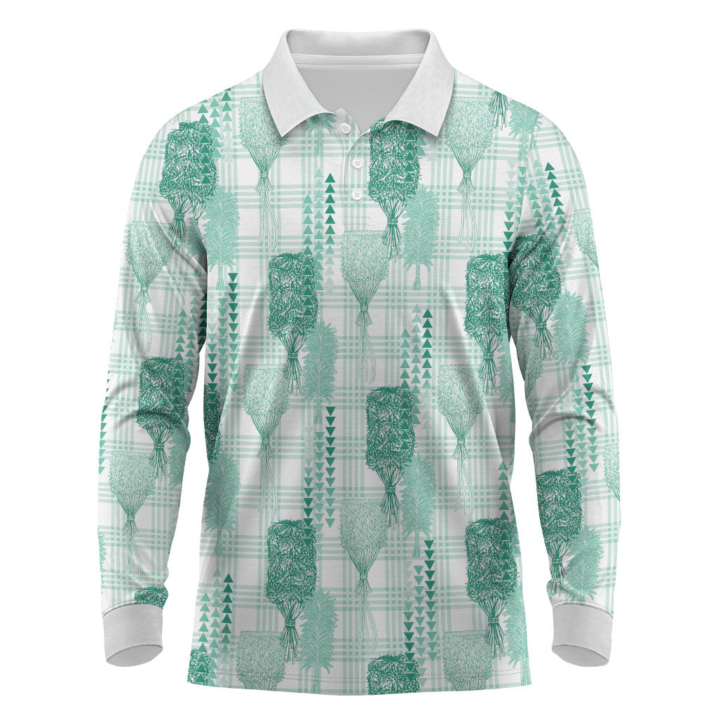 Aloha Hawaii Vintage Kahili Pa'a Lima Long Sleeve Polo Shirt Palaka Print Mossy Teal