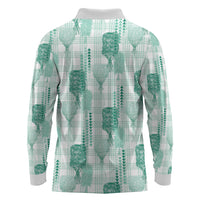 Aloha Hawaii Vintage Kahili Pa'a Lima Long Sleeve Polo Shirt Palaka Print Mossy Teal