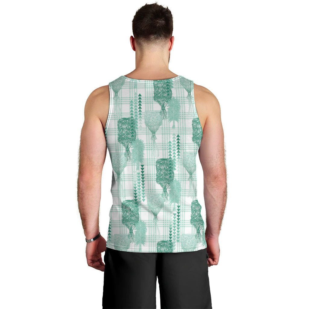 Aloha Hawaii Vintage Kahili Pa'a Lima Men Tank Top Palaka Print Mossy Teal