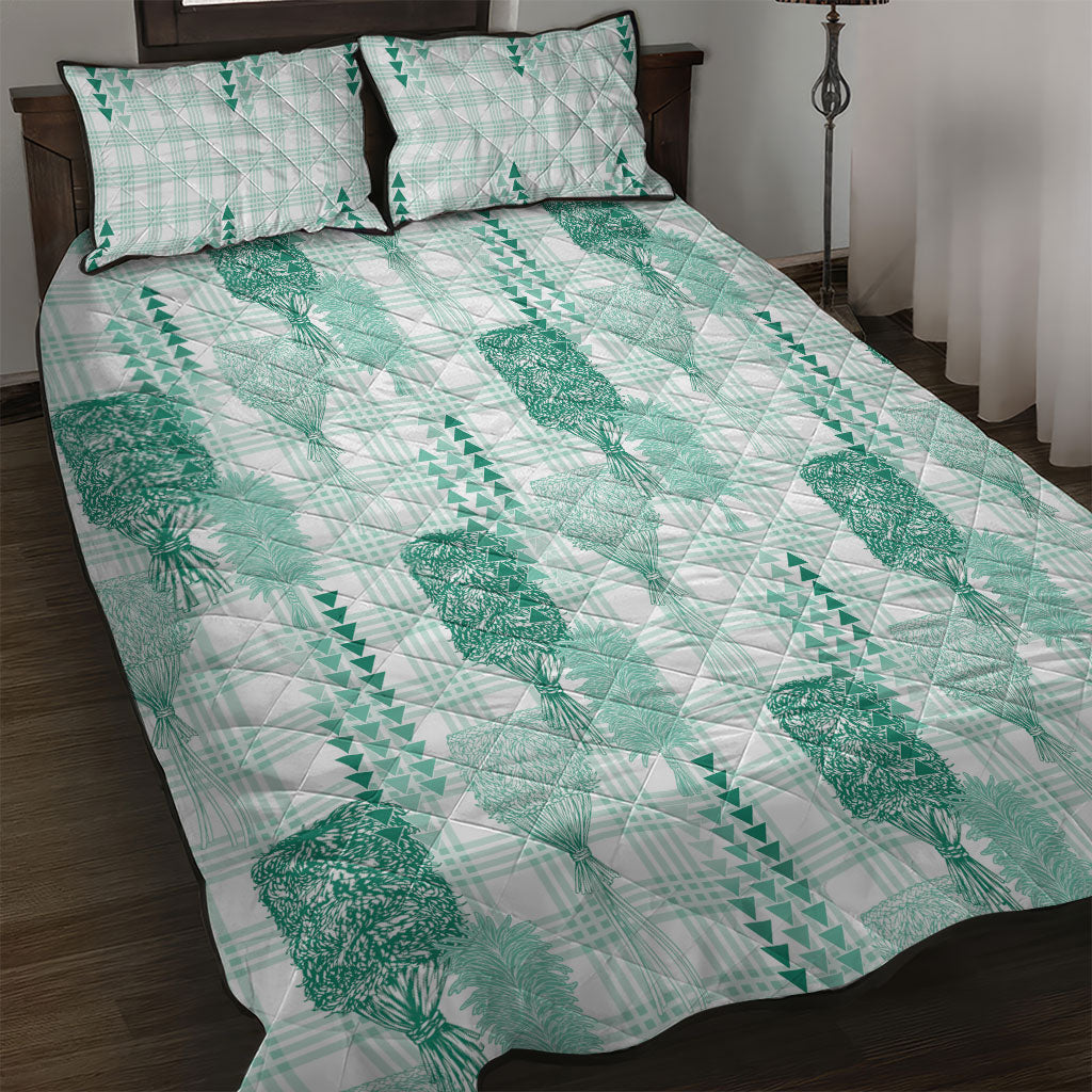 Aloha Hawaii Vintage Kahili Pa'a Lima Quilt Bed Set Palaka Print Mossy Teal