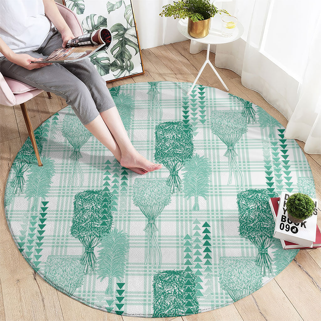 Aloha Hawaii Vintage Kahili Pa'a Lima Round Carpet Palaka Print Mossy Teal