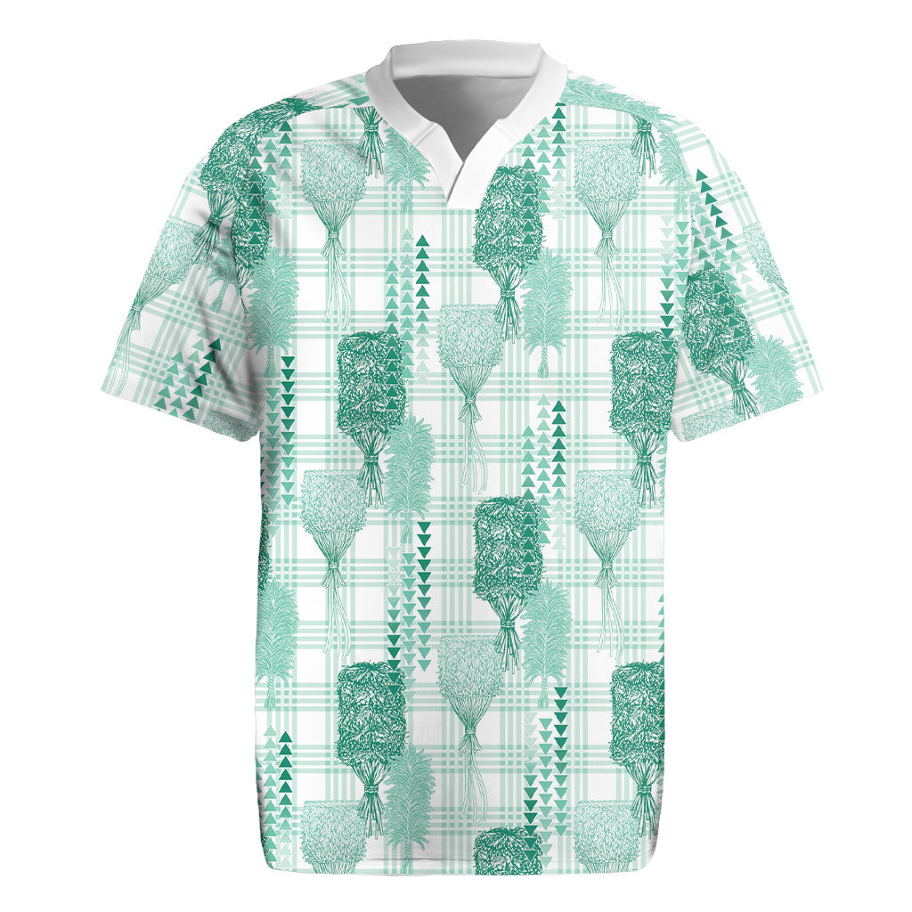 Aloha Hawaii Vintage Kahili Pa'a Lima Rugby Jersey Palaka Print Mossy Teal