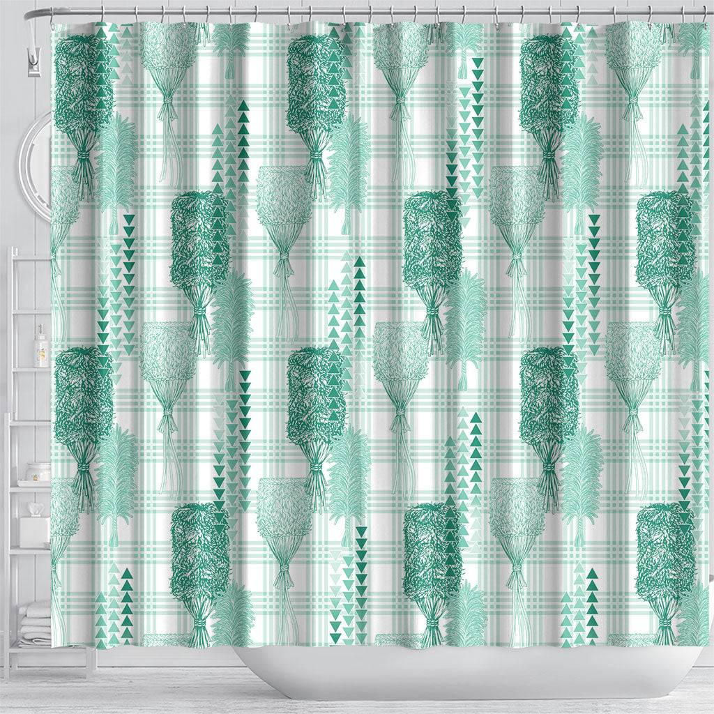 Aloha Hawaii Vintage Kahili Pa'a Lima Shower Curtain Palaka Print Mossy Teal