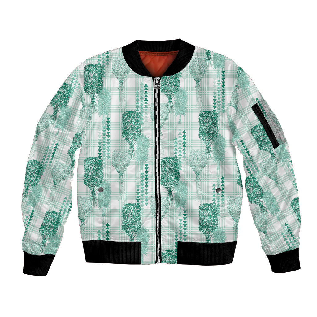 Aloha Hawaii Vintage Kahili Pa'a Lima Sleeve Zip Bomber Jacket Palaka Print Mossy Teal