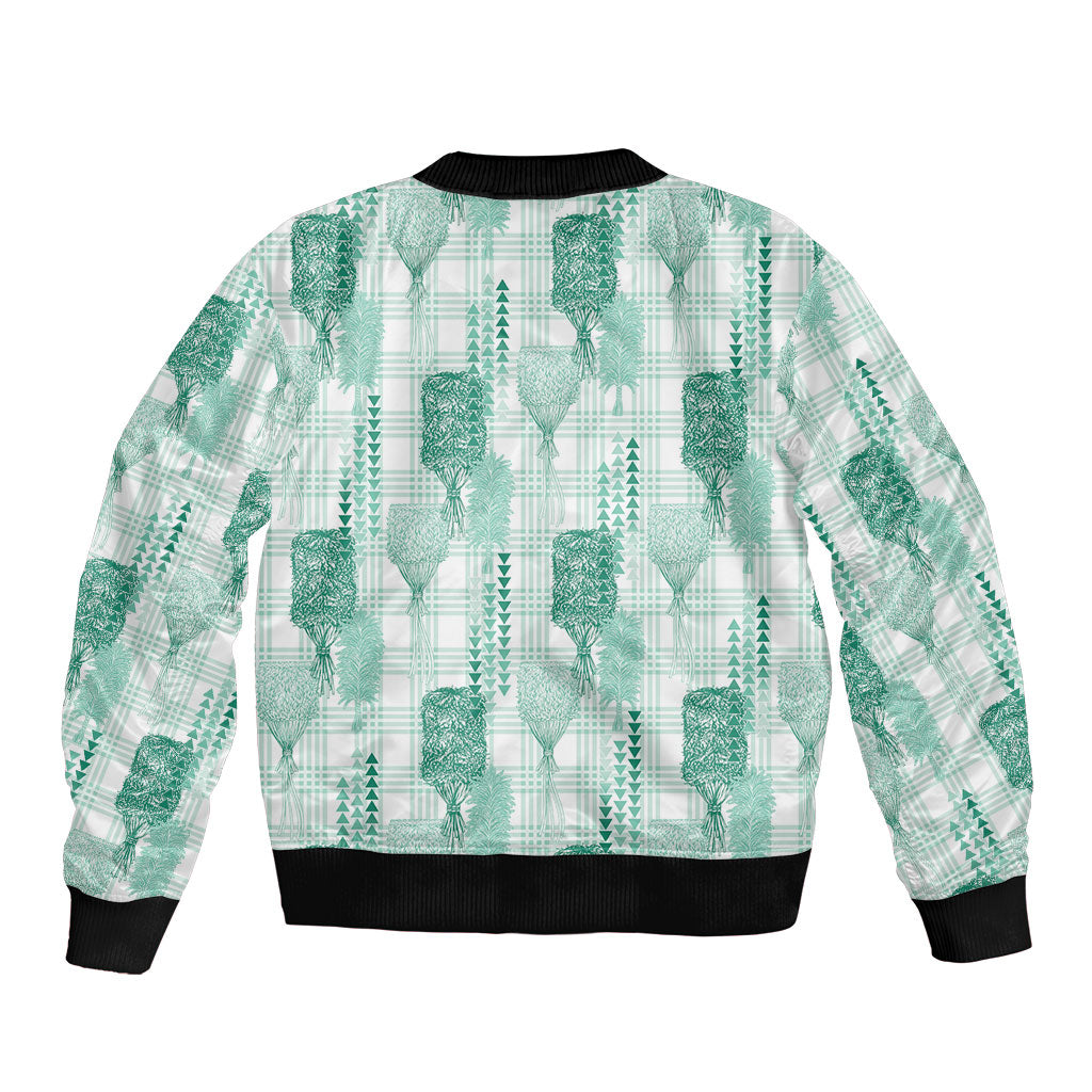 Aloha Hawaii Vintage Kahili Pa'a Lima Sleeve Zip Bomber Jacket Palaka Print Mossy Teal