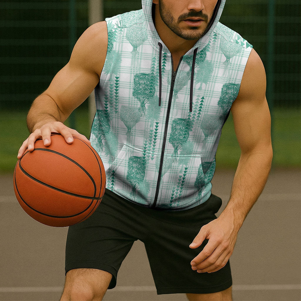 Aloha Hawaii Vintage Kahili Pa'a Lima Sleeveless Zip Hoodie Palaka Print Mossy Teal