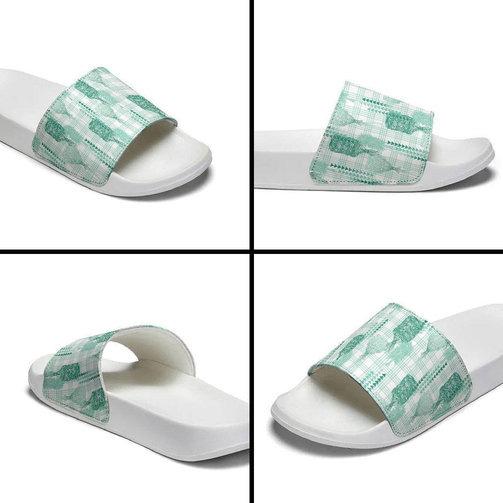 Aloha Hawaii Vintage Kahili Pa'a Lima Slide Sandals Palaka Print Mossy Teal