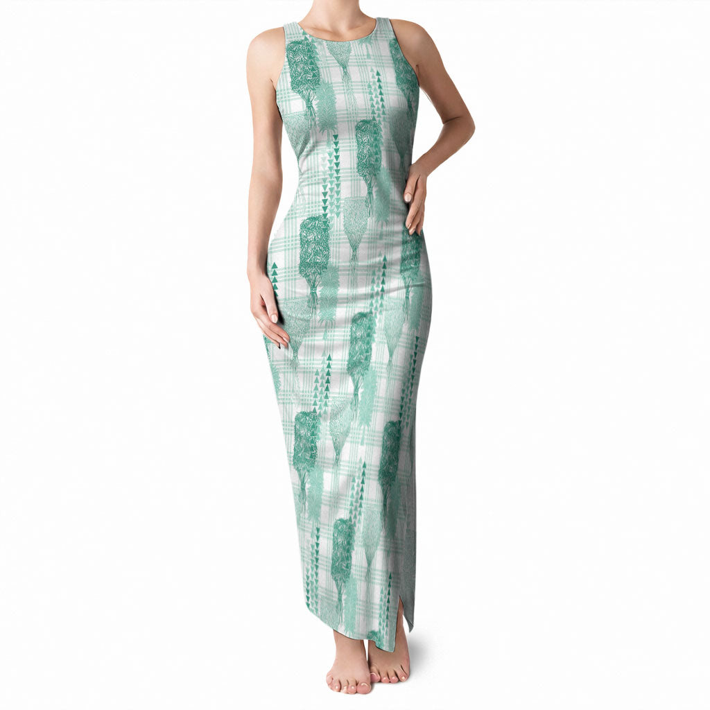 Aloha Hawaii Vintage Kahili Pa'a Lima Tank Maxi Dress Palaka Print Mossy Teal