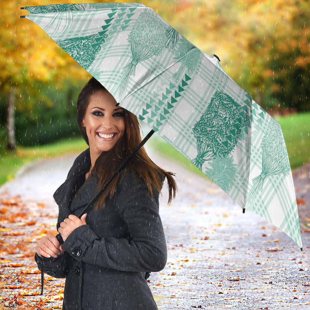 Aloha Hawaii Vintage Kahili Pa'a Lima Umbrella Palaka Print Mossy Teal