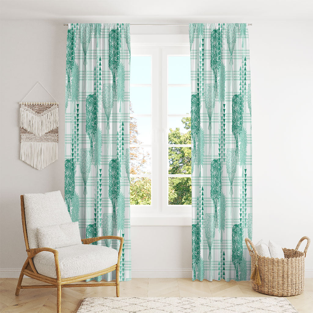 Aloha Hawaii Vintage Kahili Pa'a Lima Window Curtain Palaka Print Mossy Teal