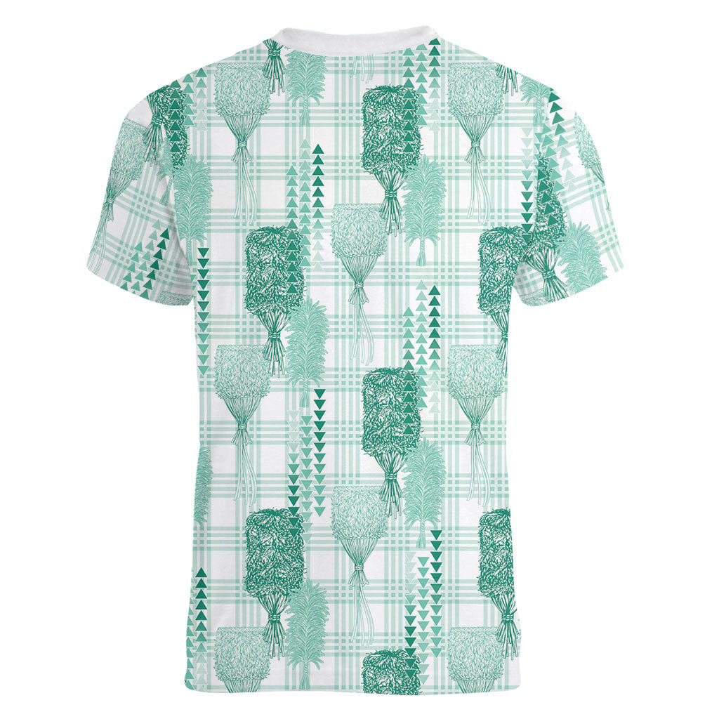 Aloha Hawaii Vintage Kahili Pa'a Lima Women V-Neck T-Shirt Palaka Print Mossy Teal