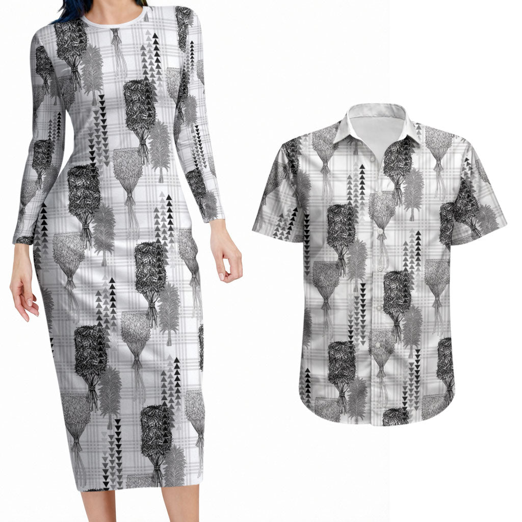 Aloha Hawaii Vintage Kahili Pa'a Lima Couples Matching Long Sleeve Bodycon Dress and Hawaiian Shirt Palaka Print Hinahina LT7 Gray - Polynesian Pride