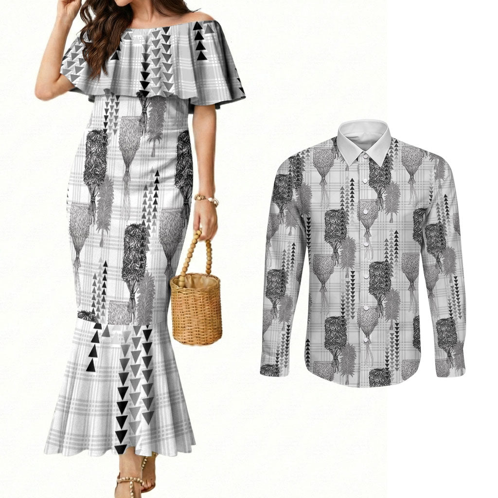 Aloha Hawaii Vintage Kahili Pa'a Lima Couples Matching Mermaid Dress and Long Sleeve Button Shirt Palaka Print Hinahina