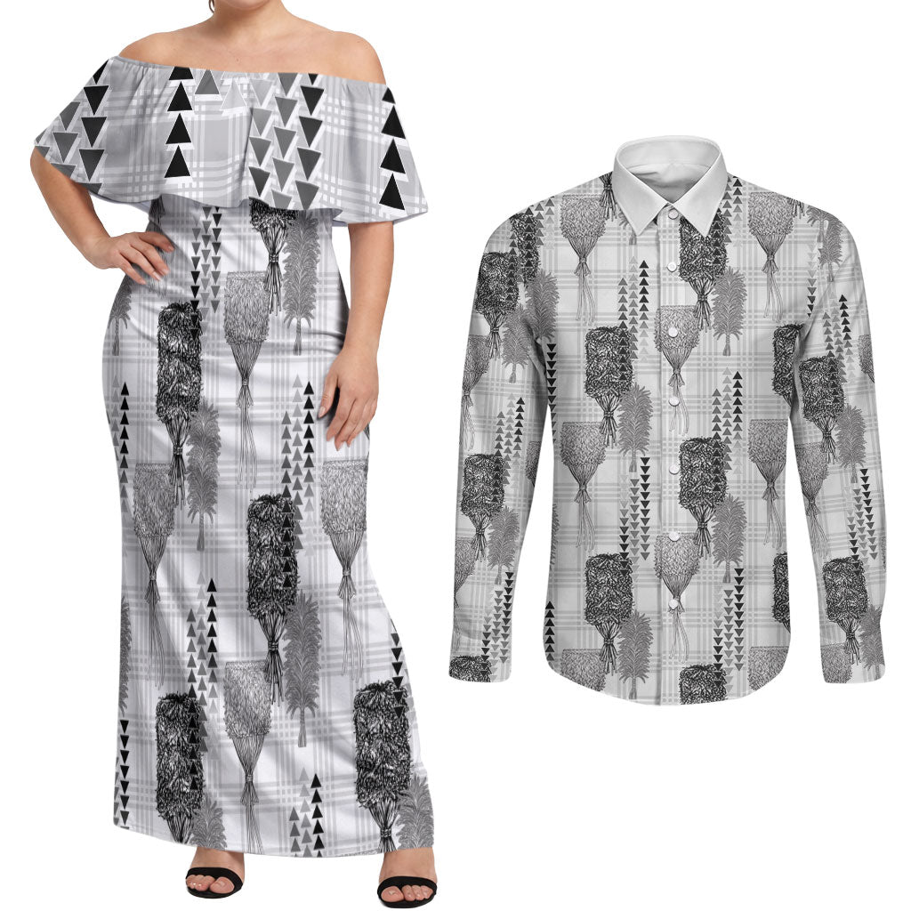 Aloha Hawaii Vintage Kahili Pa'a Lima Couples Matching Off Shoulder Maxi Dress and Long Sleeve Button Shirt Palaka Print Hinahina