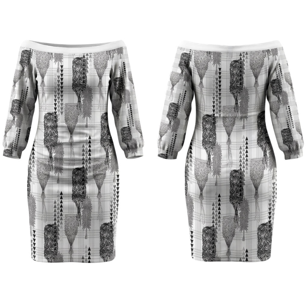 Aloha Hawaii Vintage Kahili Pa'a Lima Couples Matching Off The Shoulder Long Sleeve Dress and Long Sleeve Button Shirt Palaka Print Hinahina