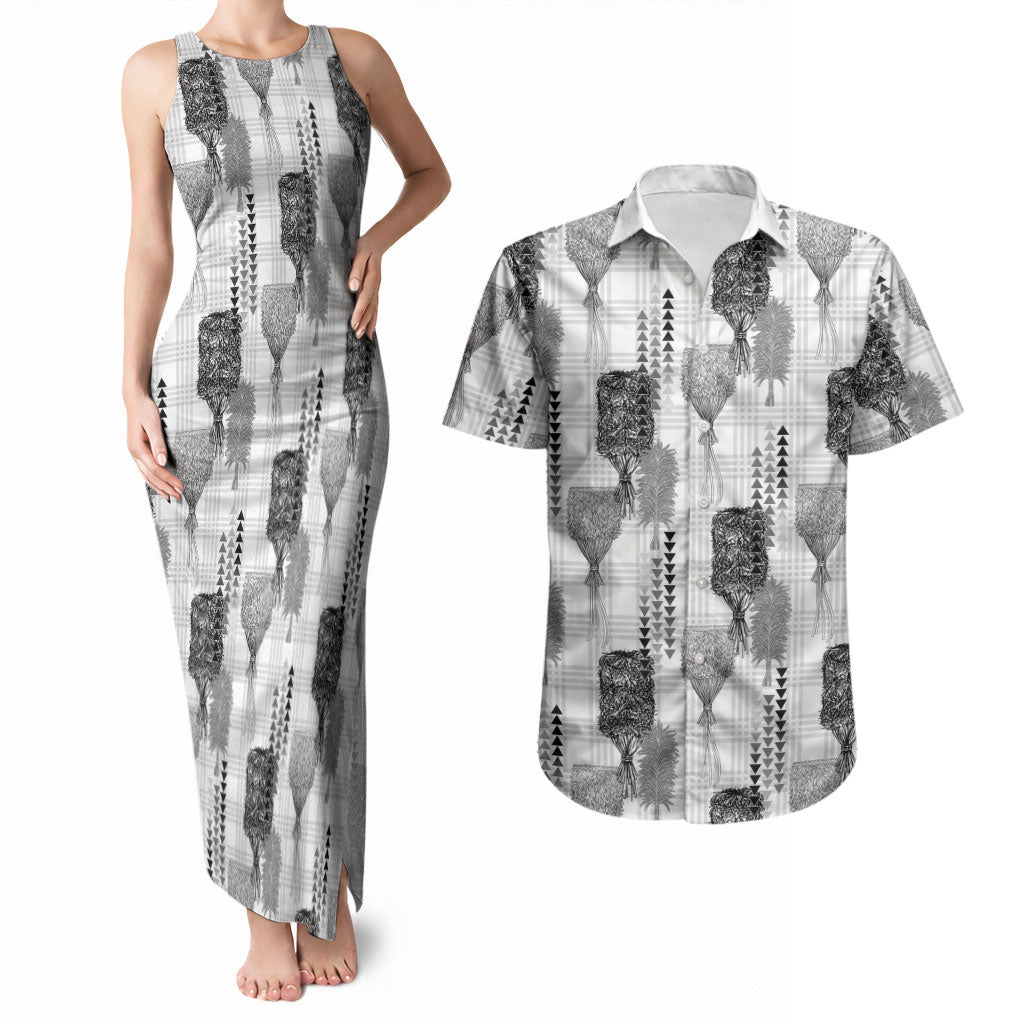 Aloha Hawaii Vintage Kahili Pa'a Lima Couples Matching Tank Maxi Dress and Hawaiian Shirt Palaka Print Hinahina LT7 Gray - Polynesian Pride