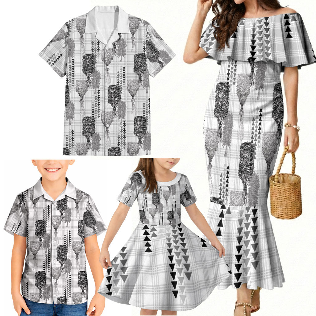 Aloha Hawaii Vintage Kahili Pa'a Lima Family Matching Mermaid Dress and Hawaiian Shirt Palaka Print Hinahina