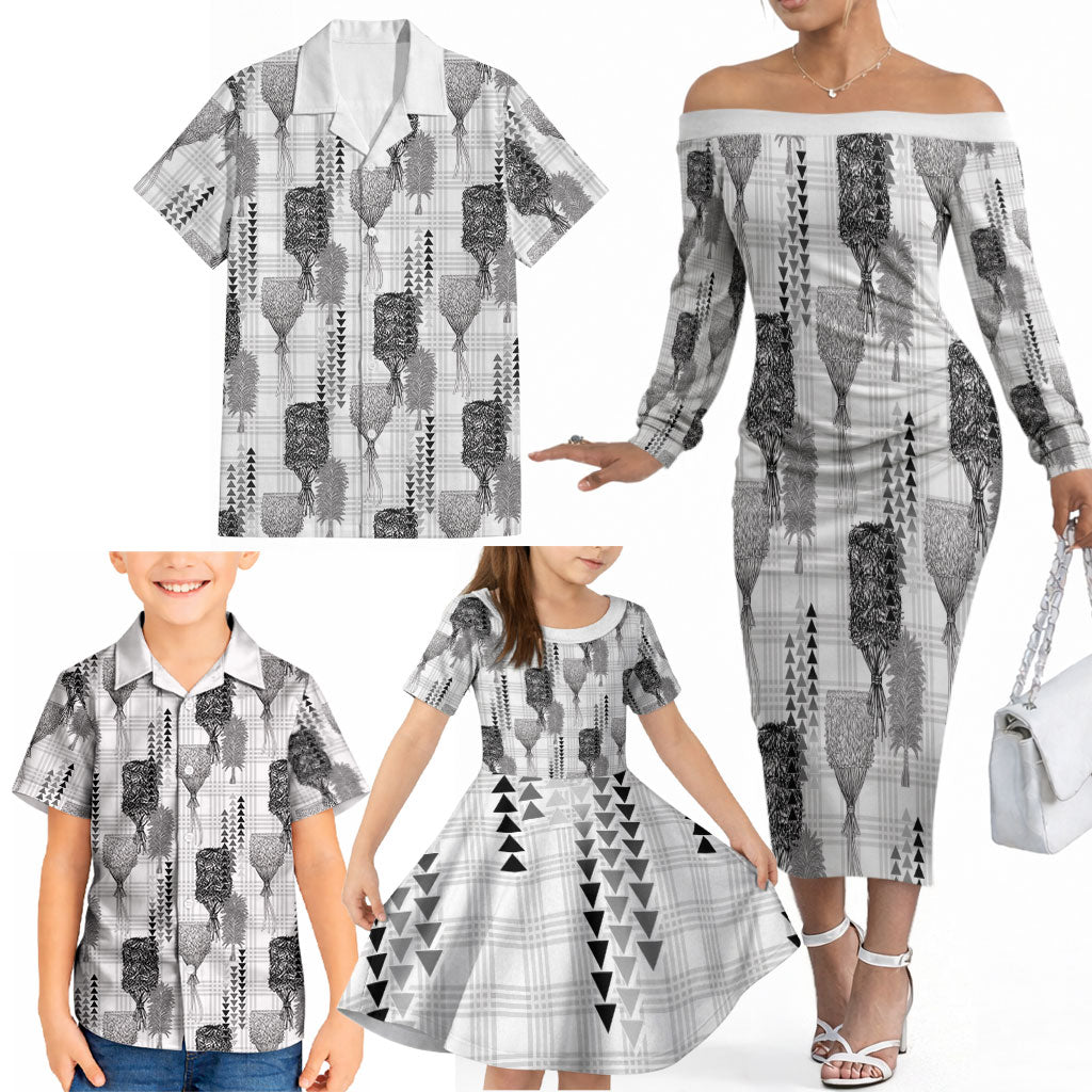 Aloha Hawaii Vintage Kahili Pa'a Lima Family Matching Off The Shoulder Long Sleeve Dress and Hawaiian Shirt Palaka Print Hinahina