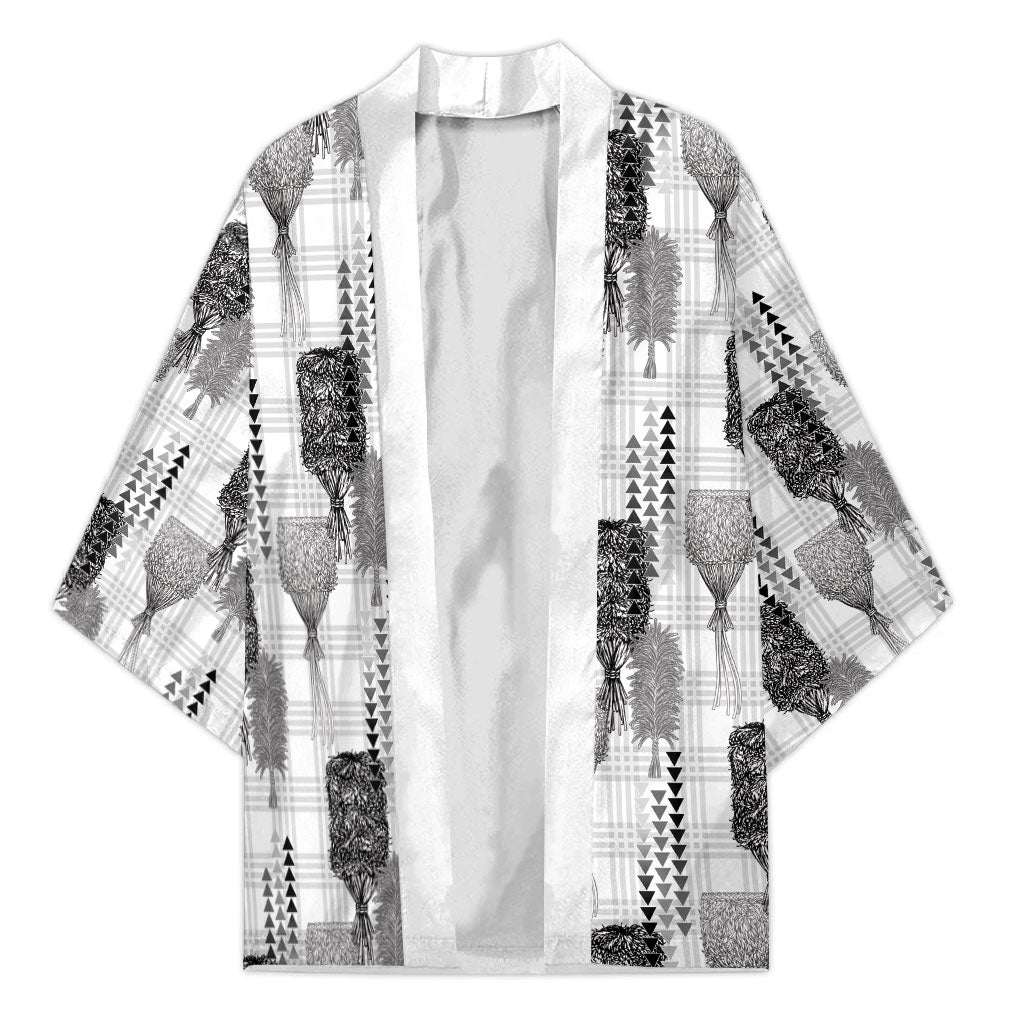 Aloha Hawaii Vintage Kahili Pa'a Lima Kimono Palaka Print Hinahina LT7 Unisex Gray - Polynesian Pride
