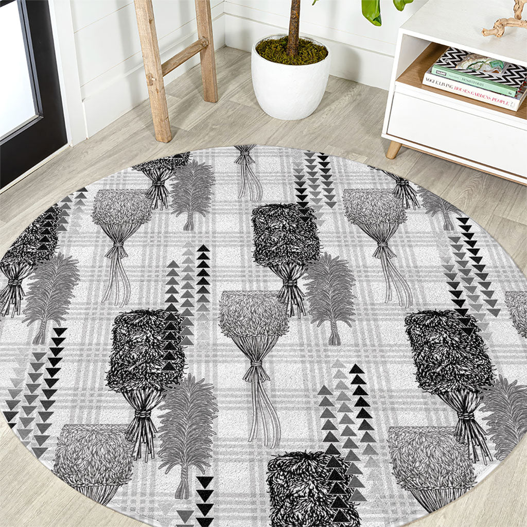 Aloha Hawaii Vintage Kahili Pa'a Lima Round Carpet Palaka Print Hinahina LT7 Gray - Polynesian Pride