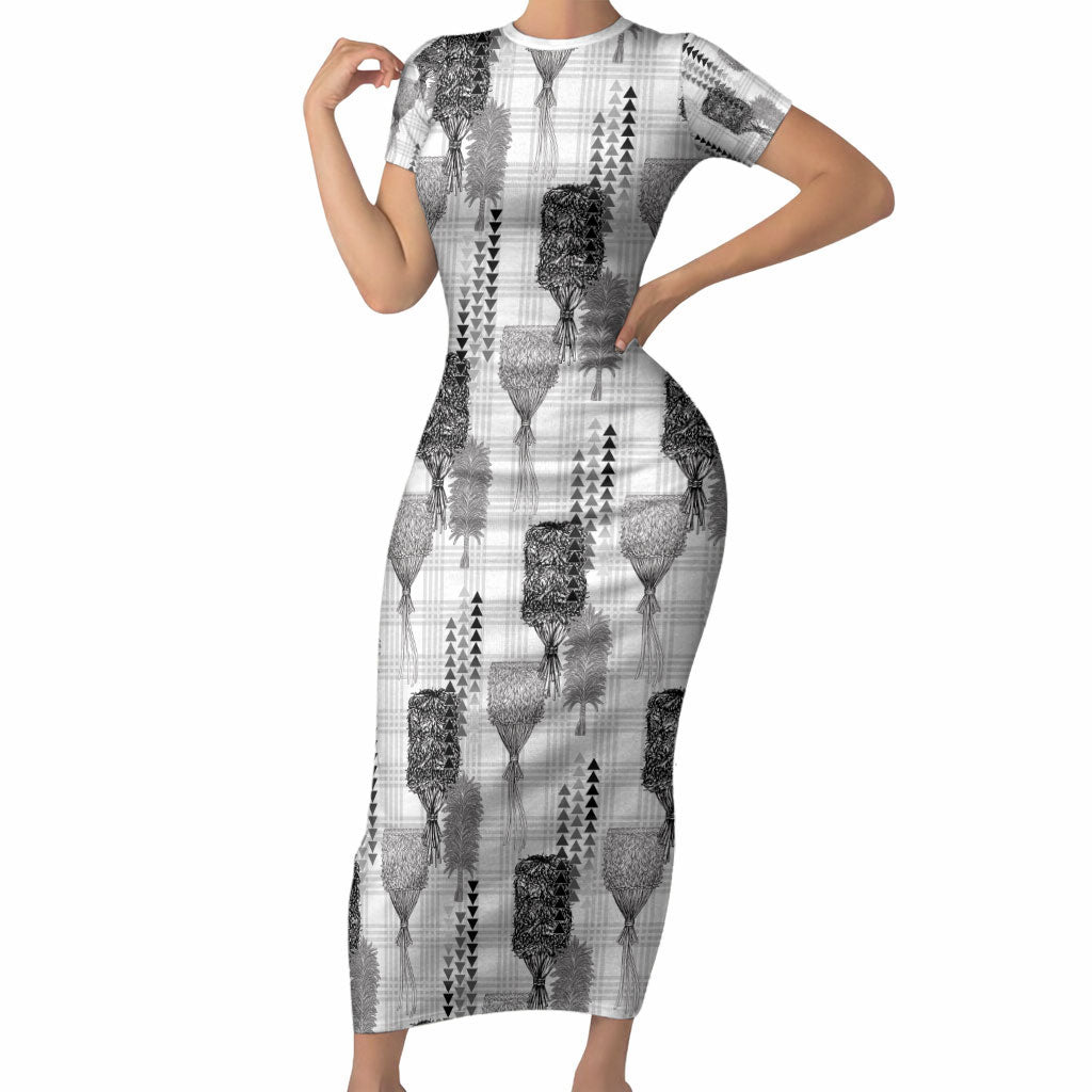 Aloha Hawaii Vintage Kahili Pa'a Lima Short Sleeve Bodycon Dress Palaka Print Hinahina LT7 Long Dress Gray - Polynesian Pride