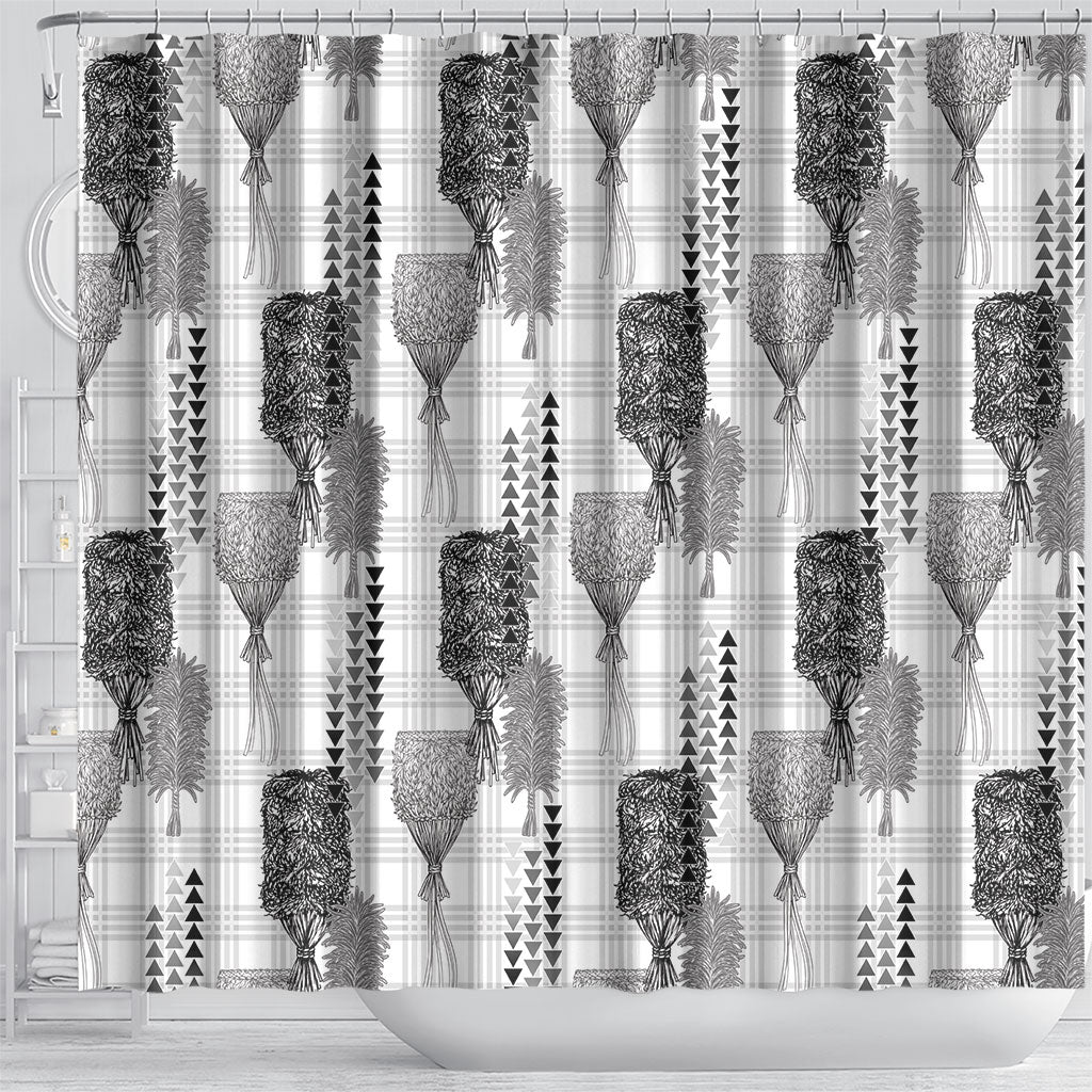 Aloha Hawaii Vintage Kahili Pa'a Lima Shower Curtain Palaka Print Hinahina