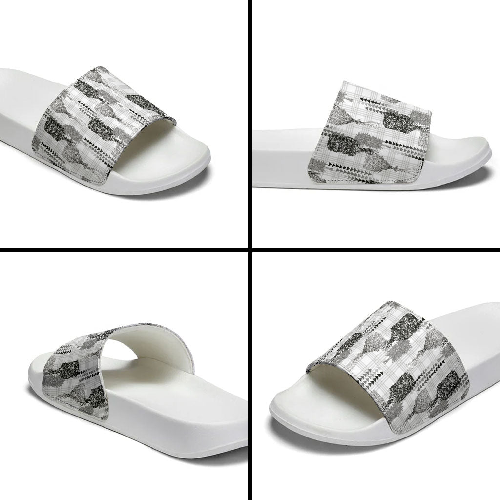 Aloha Hawaii Vintage Kahili Pa'a Lima Slide Sandals Palaka Print Hinahina