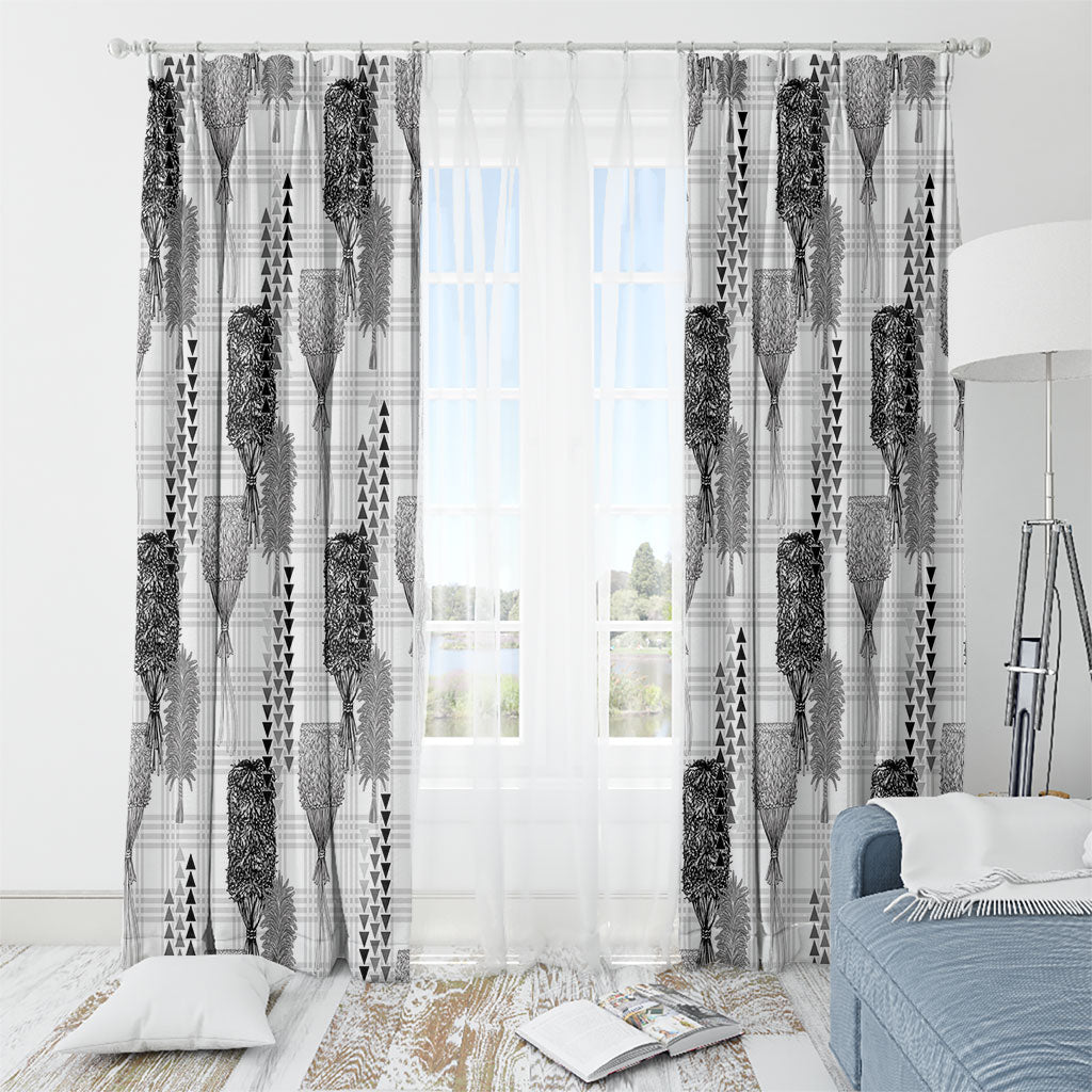 Aloha Hawaii Vintage Kahili Pa'a Lima Window Curtain Palaka Print Hinahina