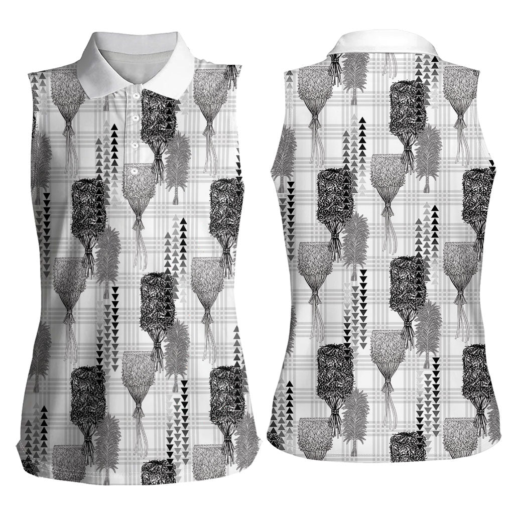 Aloha Hawaii Vintage Kahili Pa'a Lima Women Sleeveless Polo Shirt Palaka Print Hinahina
