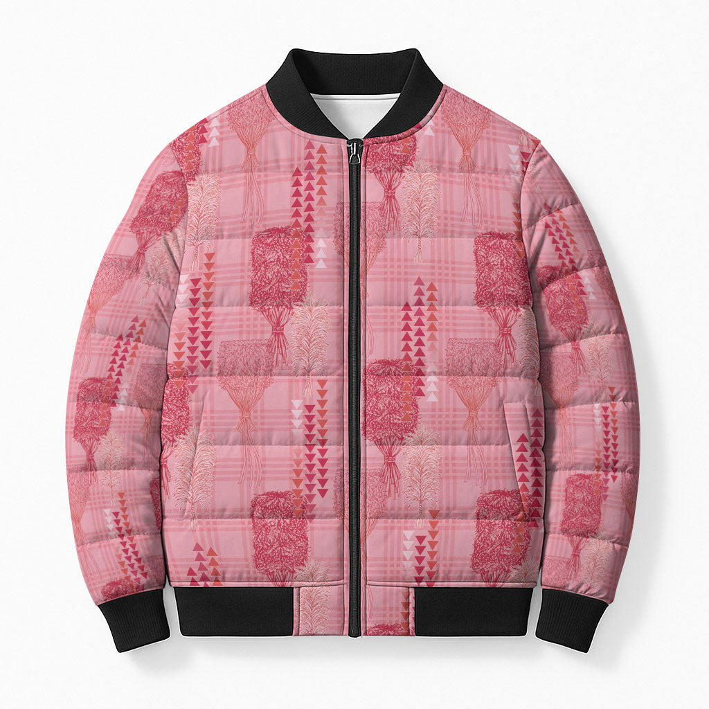 Aloha Hawaii Vintage Kahili Pa'a Lima Bomber Puffer Jacket Palaka Print Berry Pink