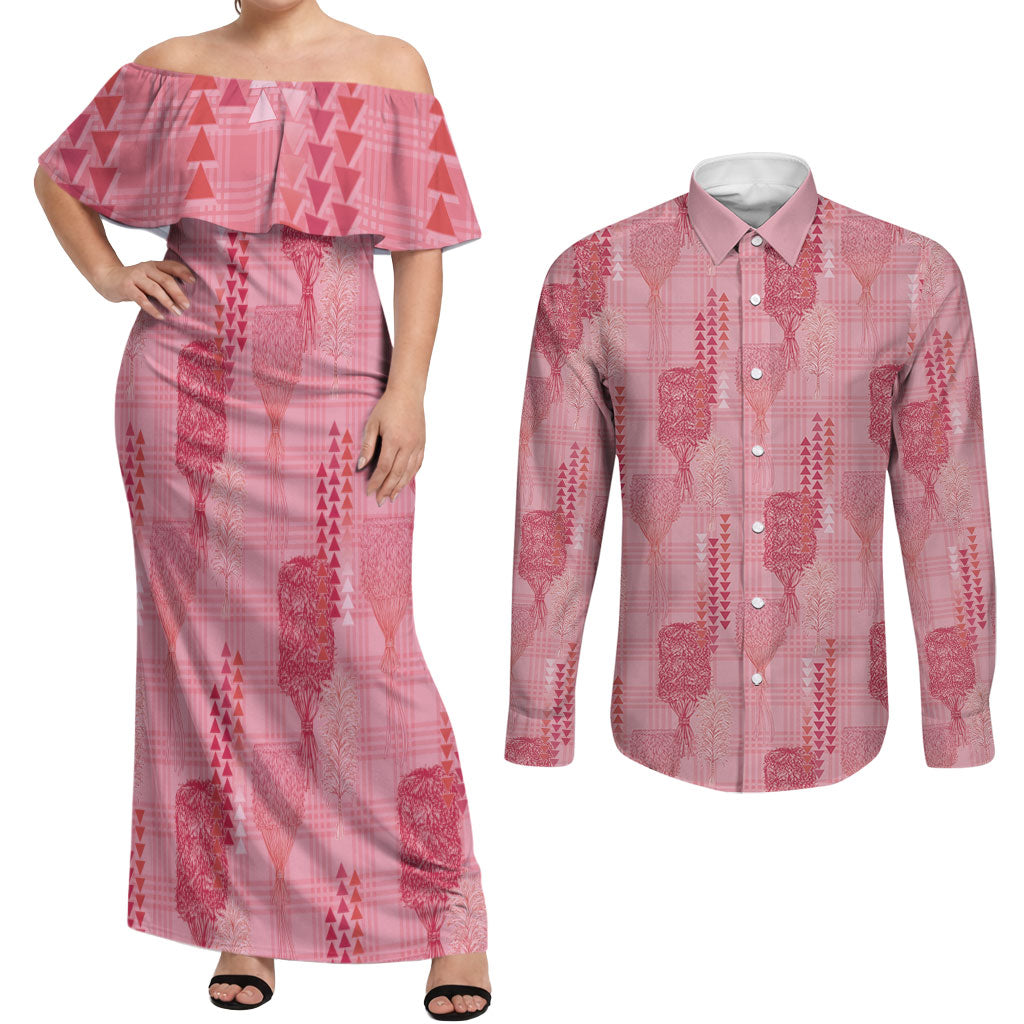 Aloha Hawaii Vintage Kahili Pa'a Lima Couples Matching Off Shoulder Maxi Dress and Long Sleeve Button Shirt Palaka Print Berry Pink