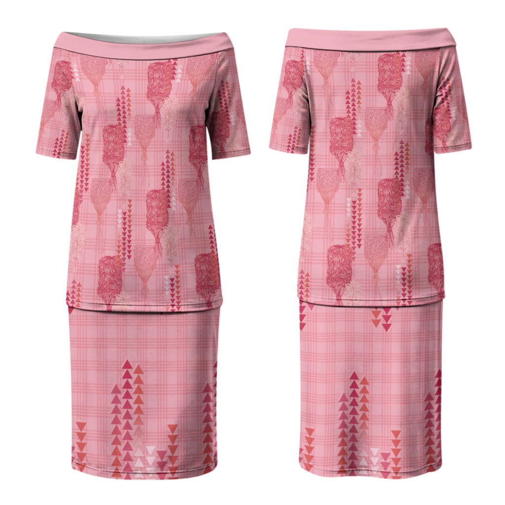 Aloha Hawaii Vintage Kahili Pa'a Lima Couples Matching Puletasi and Hawaiian Shirt Palaka Print Berry Pink