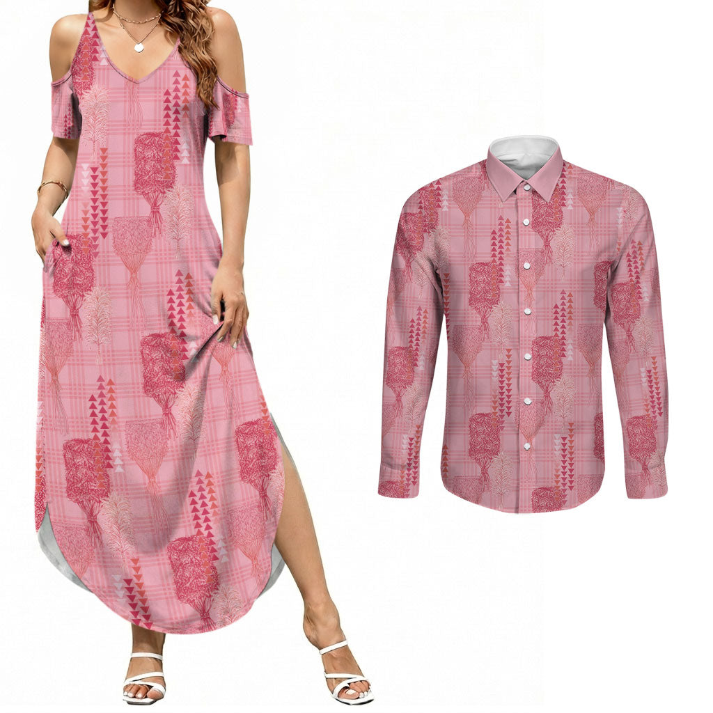 Aloha Hawaii Vintage Kahili Pa'a Lima Couples Matching Summer Maxi Dress and Long Sleeve Button Shirt Palaka Print Berry Pink