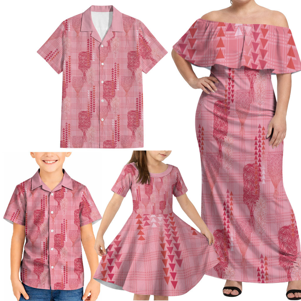 Aloha Hawaii Vintage Kahili Pa'a Lima Family Matching Off Shoulder Maxi Dress and Hawaiian Shirt Palaka Print Berry Pink LT7 - Polynesian Pride