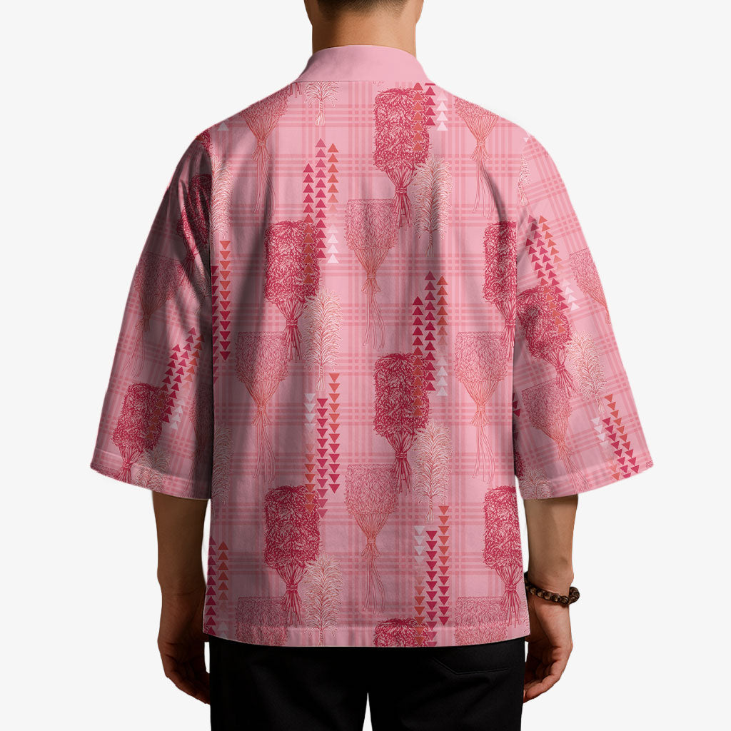 Aloha Hawaii Vintage Kahili Pa'a Lima Kimono Palaka Print Berry Pink