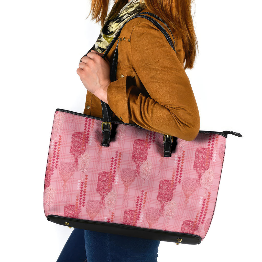 Aloha Hawaii Vintage Kahili Pa'a Lima Leather Tote Bag Palaka Print Berry Pink