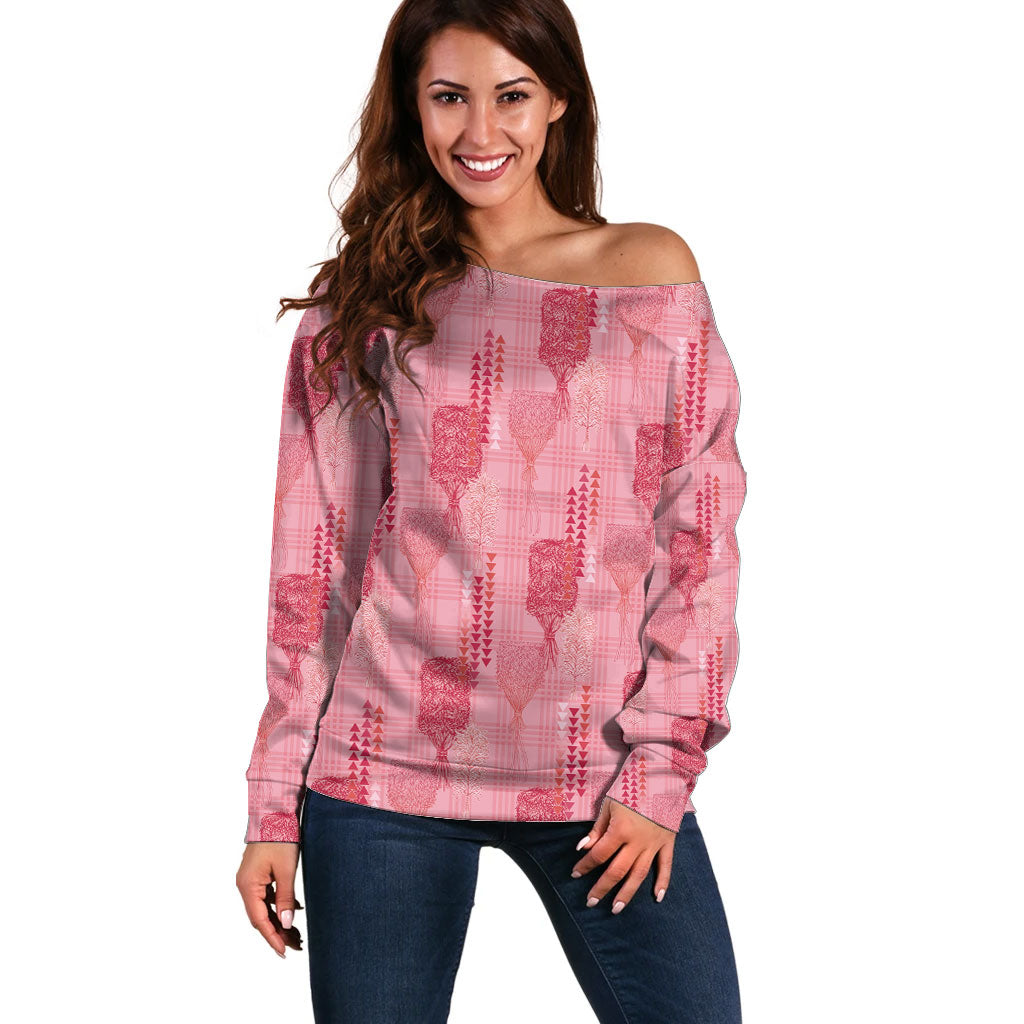 Aloha Hawaii Vintage Kahili Pa'a Lima Off Shoulder Sweater Palaka Print Berry Pink LT7 Women Pink - Polynesian Pride