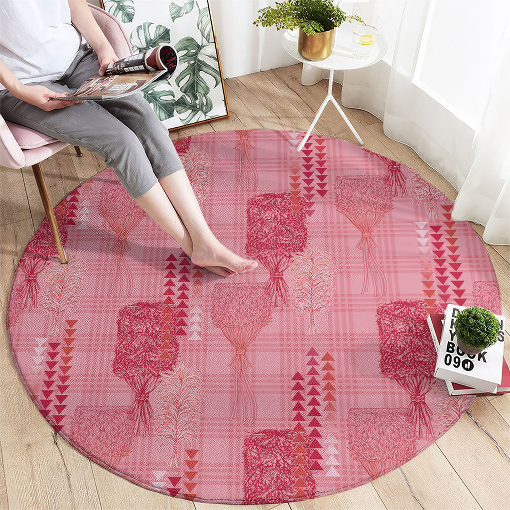 Aloha Hawaii Vintage Kahili Pa'a Lima Round Carpet Palaka Print Berry Pink