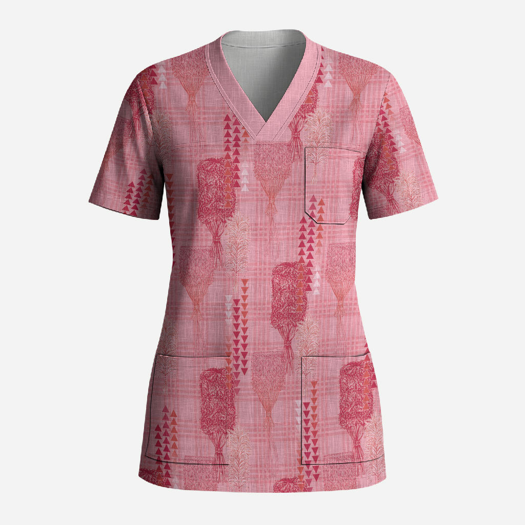 Aloha Hawaii Vintage Kahili Pa'a Lima Scrub Top Palaka Print Berry Pink
