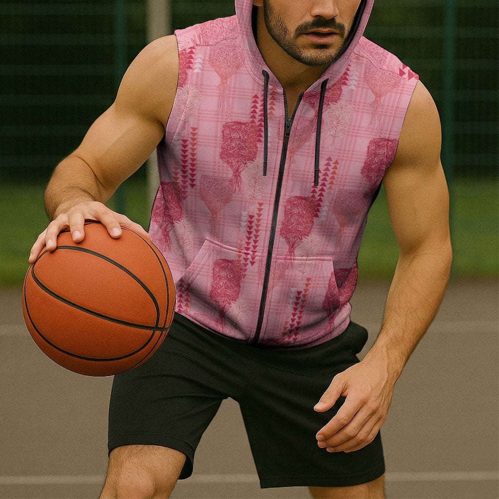 Aloha Hawaii Vintage Kahili Pa'a Lima Sleeveless Zip Hoodie Palaka Print Berry Pink