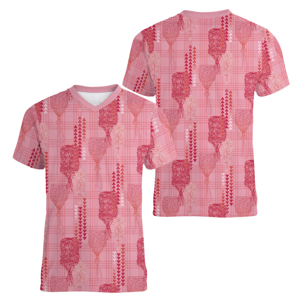 Aloha Hawaii Vintage Kahili Pa'a Lima Women V-Neck T-Shirt Palaka Print Berry Pink