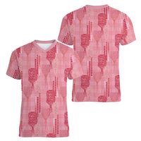 Aloha Hawaii Vintage Kahili Pa'a Lima Women V-Neck T-Shirt Palaka Print Berry Pink