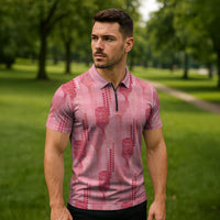 Aloha Hawaii Vintage Kahili Pa'a Lima Zipper Polo Shirt Palaka Print Berry Pink