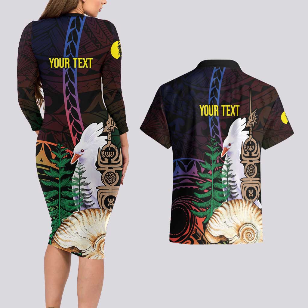 New Caledonia Kanaky Personalized Couples Matching Long Sleeve Bodycon Dress and Hawaiian Shirt Kagu Bird Emblem - Polynesian Pride