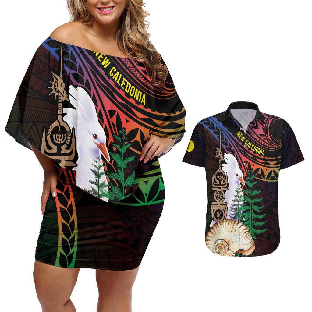 New Caledonia Kanaky Personalized Couples Matching Off Shoulder Short Dress and Hawaiian Shirt Kagu Bird Emblem - Polynesian Pride