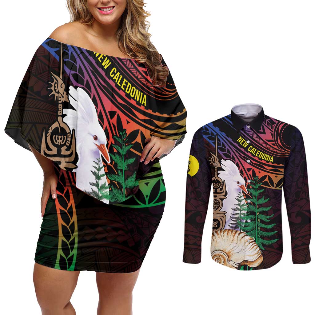 New Caledonia Kanaky Personalized Couples Matching Off Shoulder Short Dress and Long Sleeve Button Shirt Kagu Bird Emblem - Polynesian Pride