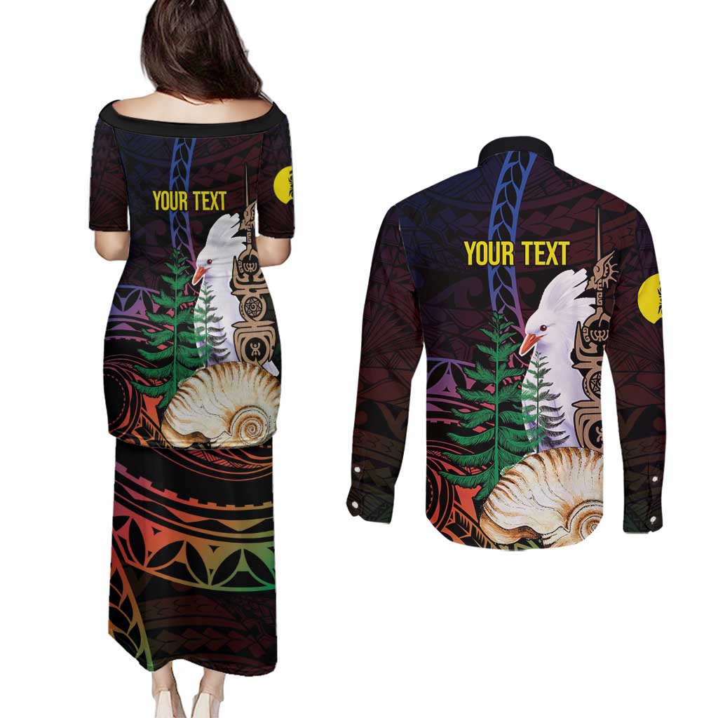 New Caledonia Kanaky Personalized Couples Matching Puletasi and Long Sleeve Button Shirt Kagu Bird Emblem - Polynesian Pride