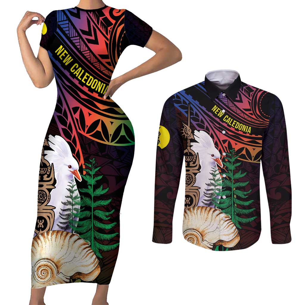 New Caledonia Kanaky Personalized Couples Matching Short Sleeve Bodycon Dress and Long Sleeve Button Shirt Kagu Bird Emblem - Polynesian Pride