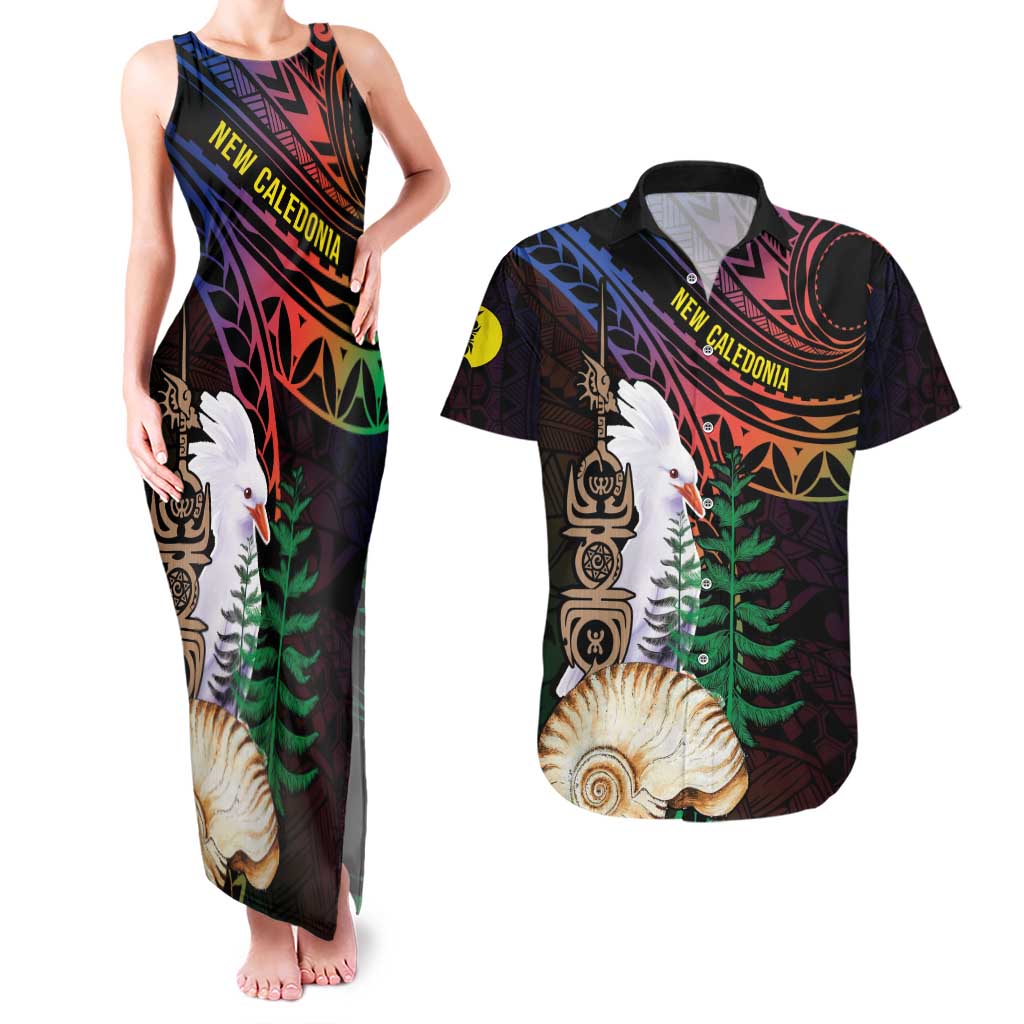 New Caledonia Kanaky Personalized Couples Matching Tank Maxi Dress and Hawaiian Shirt Kagu Bird Emblem - Polynesian Pride