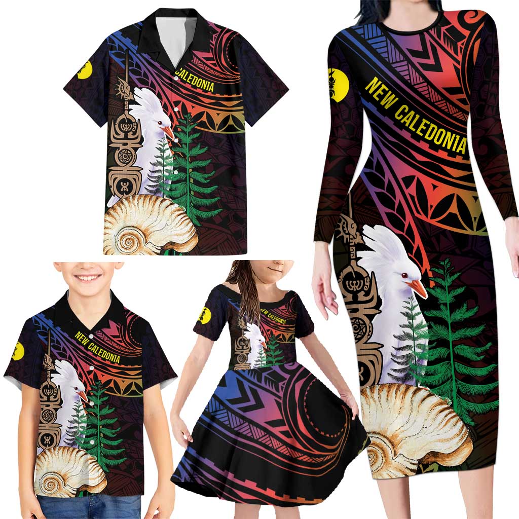 New Caledonia Kanaky Personalized Family Matching Long Sleeve Bodycon Dress and Hawaiian Shirt Kagu Bird Emblem - Polynesian Pride